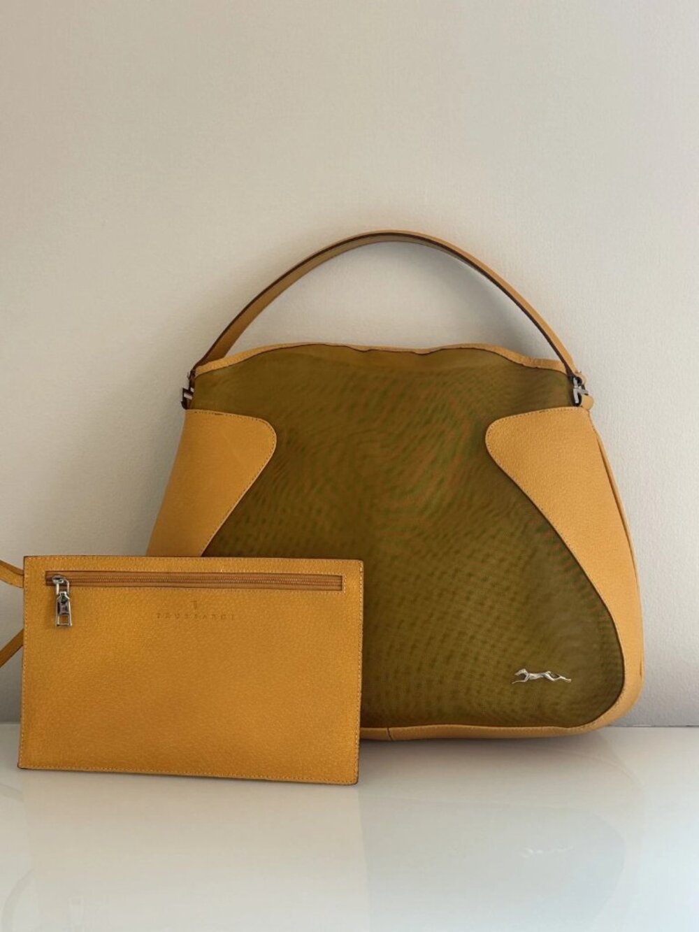 VTG Trussardi Mustard Leather & Mesh Canvas Hobo Bag & Matching Wallet/Pouch